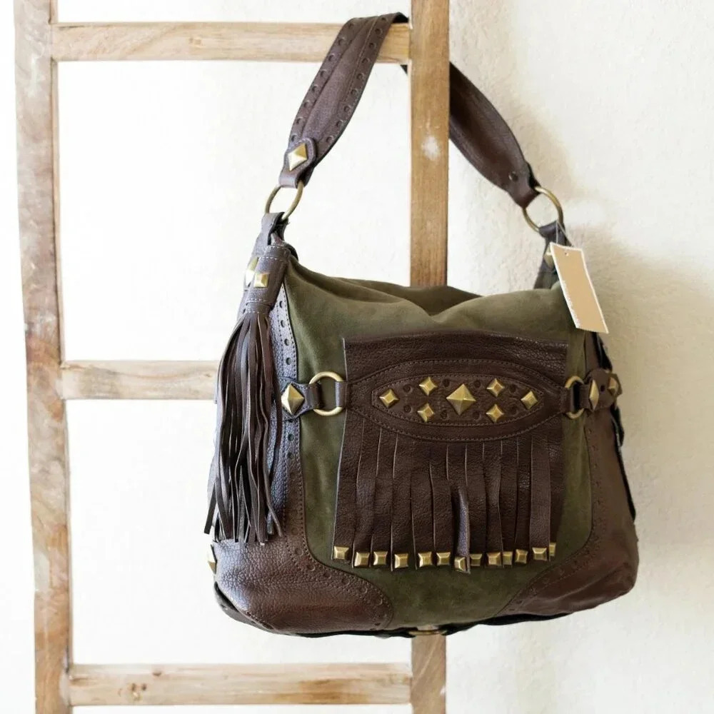 NWT! MICHAEL KORS COLLEGIATE STUDDED BROWN LEATHER OLIVE GREEN SUEDE BAG - Picture 3 of 15